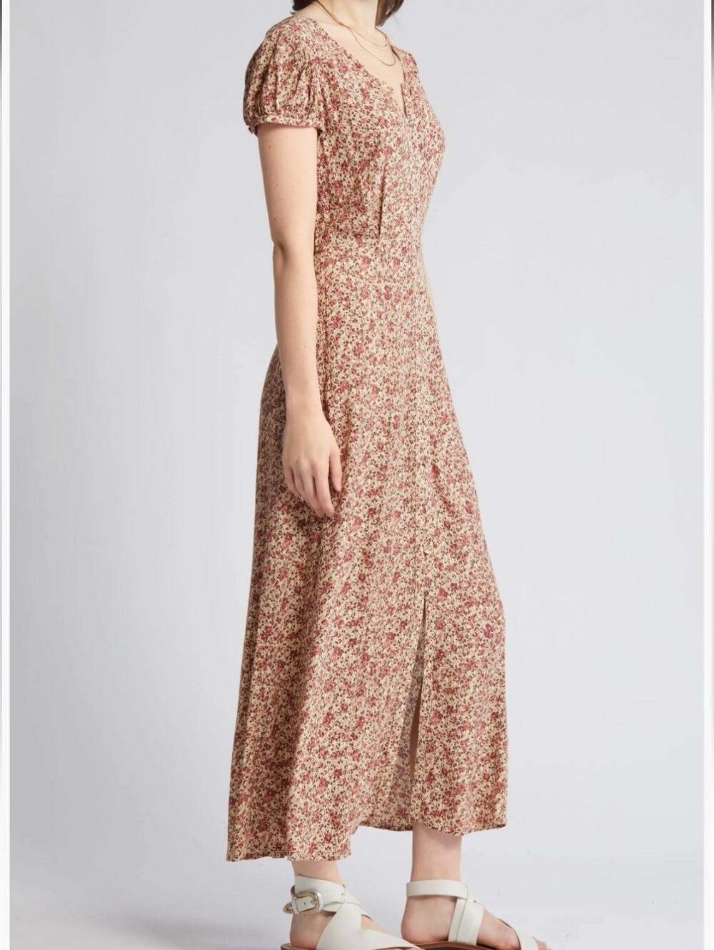 Treasure & Bond Woven Ditsy Floral Maxi Dress in Cream and Red Cottagecore - Picture 4 of 14